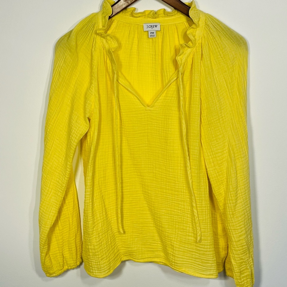 J Crew yellow gauzy beachy pullover long sleeve blouse split v-neck petite med